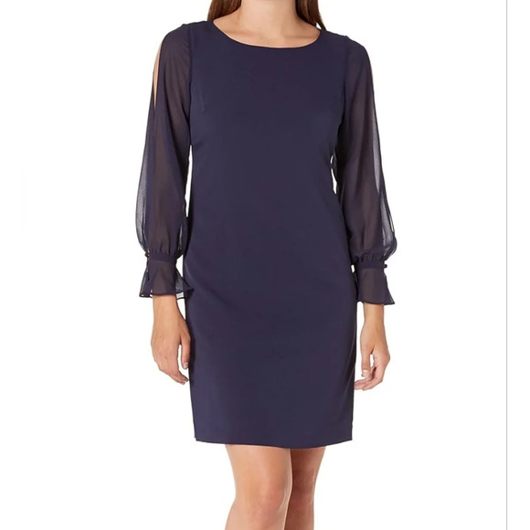 Karl Lagerfield Black Crepe Sheath Mini Dress, Sheer Chiffon Slit Sleeves, EUC! - Picture 2 of 13